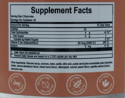 Vitamin D Gummies for Adults (Vitamin D3 2000 IU). Gelatin-Free, Gluten-Free & Non-GMO Vitamin D Gummy. Supports Bones, Muscles, and Immune System. 45 Day Supply. D3 Gummies for Adults