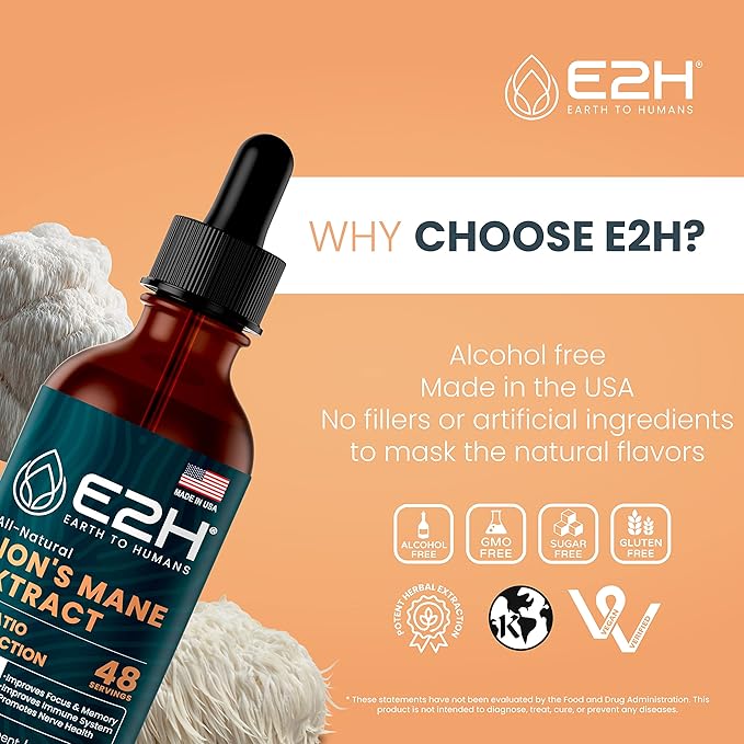 E2H Lion’s Mane Extract - Promotes Mental Clarity, Memory & Focus - Lion’s Mane Mushroom Supplement for Inmune Support - Non-GMO, Vegan - (3 Bottles)