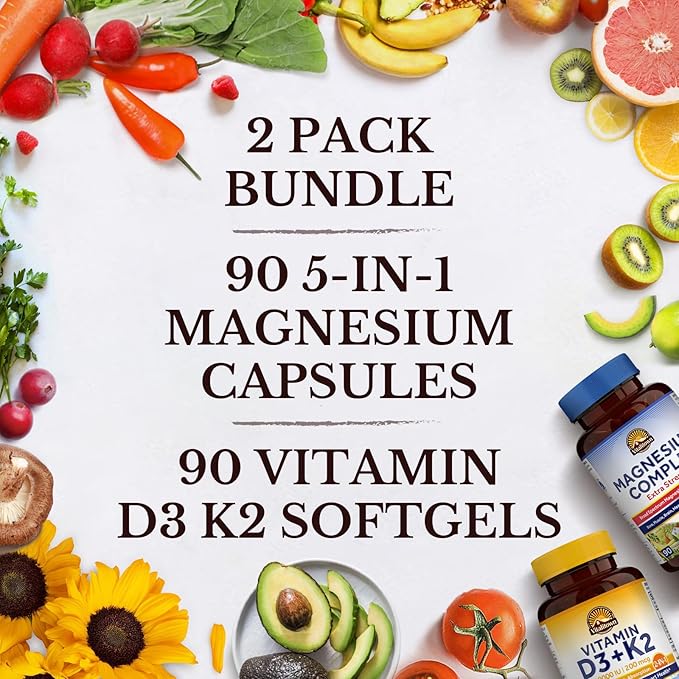 Vitalitown Magnesium Complex and Vitamin D3 K2 Bundle (Pack of 2) | Magnesium 5-in-1 Complex (Item 1) & Vitamin D3 K2 Supplement (Item 2) | 90 Capsules + 90 Softgels