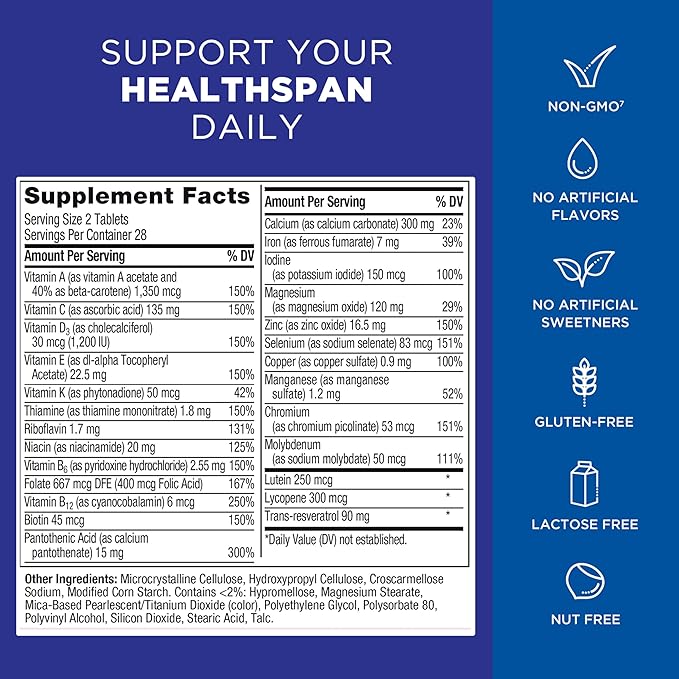 Centrum Age Defy for Men, All-in-1 High Potency Multivitamin + Healthy Aging Supplement, Multivitamin Blend with Resveratrol, and Niacin for NAD+ Level Support, Aluminium Bottle, 56 Tablets