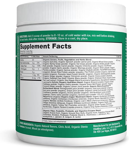 Organic Super Greens Powder, 70+ Superfoods, 0 Sugar, 3G Fiber, Spirulina, Chlorella, Antioxidants, Prebiotics/Probiotics, Digestive Enzymes, Mixed Berry, 30 Servings