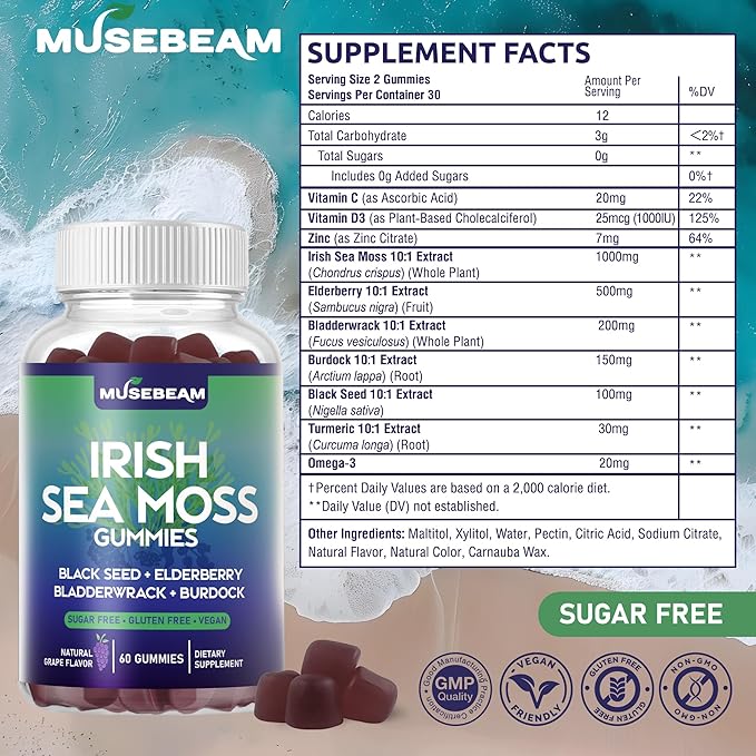 Irish Sea Moss Gummies - with Black Seed Elderberry Bladderwrack Burdock Turmeric Omega-3 Vitamins C D3 Zinc - Seamoss Supplements for Adults Women Men - Sugar-Free Gluten Free Vegan