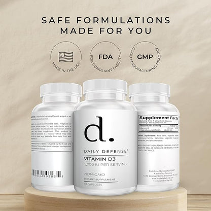 Immune Defense Supplements Vitamin D3 5000 IU for Heart Health, Daily Immune Support, Mental Clarity, & Muscle Function - 90 Vitamin D Supplements
