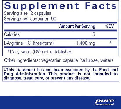 Pure Encapsulations L-Arginine - 1,400 mg - Support Nitric Oxide Production - Heart Health & Blood Flow - Gluten Free & Non-GMO - 180 Capsules