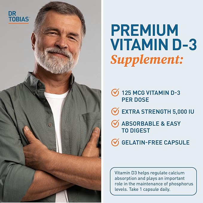 Dr. Tobias Vitamin D3 5000 IU, Essential for Healthy Bones, Teeth, and Immune System, Extra Strength Vitamin D Supplement, Non-GMO, 90 Capsules, 90 Servings
