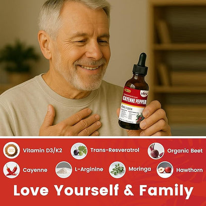 VEV 15-in-1 Cayenne Pepper Drops Supplement Liquid, with Vitamin D3 K2, L-Arginine, Resveratrol, Oregano, Moringa, Berberine, Hawthorn, Beet, Turmeric - Vegan, Non-GMO 2 fl oz