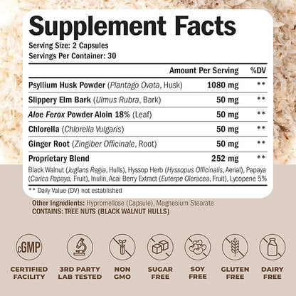 Psyllium Husk Powder Capsules. Fiber Supplement for Digestive, Colon & Gut Health - Dietary Fiber Pills with Ginger Root to Help Keep You Regular. Antioxidant Support. Vegan, Non-GMO. 60 Capsules