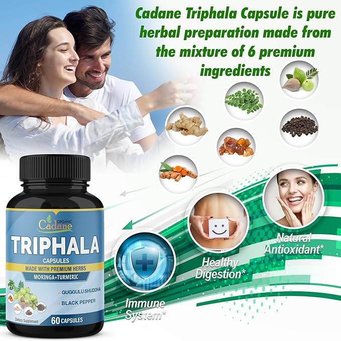 Organic Cadane Triphala Extract Capsules & Turmeric, Guggul, Ginger, Black Pepper, Moringa - Complex Supplement Herbs