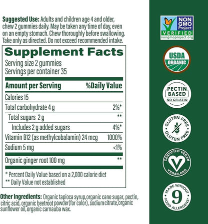 MegaFood Vitamin B12 Energy Gummies - Vegan - With Methyl B12 Vitamins to Support Cellular Energy Production - Ginger - Daily Vitamin B12 Supplement - USDA Organic - 70 Gummies, 35 Servings