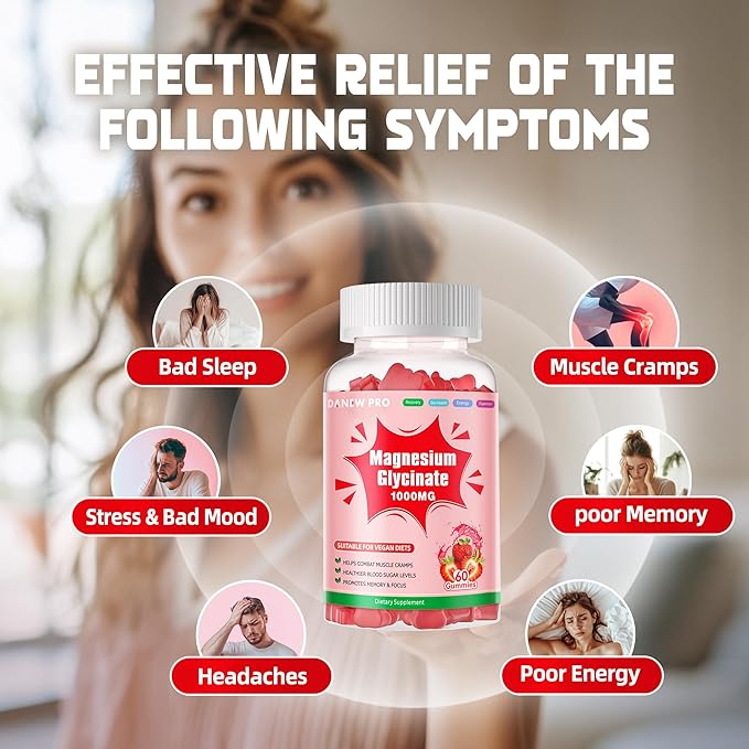Magnesium Glycinate Gummies 1000mg - Sugar Free Magnesium Potassium Supplement with Vitamin D, B6, CoQ10 for Calm Mood & Sleep Support - 120 Strawberry Gummies