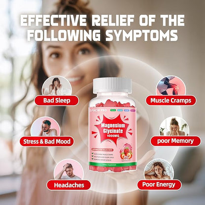Magnesium Glycinate Gummies 1000mg - Sugar Free Magnesium Potassium Supplement with Vitamin D, B6, CoQ10 for Calm Mood & Sleep Support - 120 Strawberry Gummies