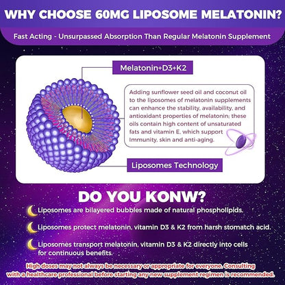 NEVISS 1Pack 60mg Melatonin Liposomal for Adults, High Dose Deep Rest & Brain Cognition, Extra Strength with Vitamin D3, K2, Chamomile for Sound Zzz Cycle, Power Antioxidant, 75 Softgels