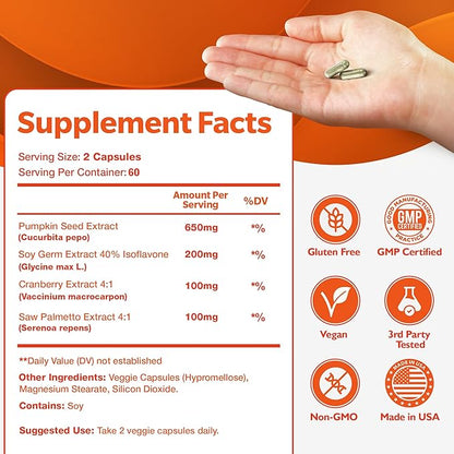 Bladder Control Supplement for Women & Men - 120 Capsules with Pumpkin Seed Extract, Soy Germ Extract, Saw Palmetto & Cranberry | 4-in-1 Active Bladder Support for Urinary Frequency, Leaks & Urgency