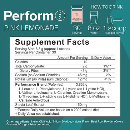 The Amino CO. - Perform Pre Workout Powder Supplement with Pure EAA Amino Acids & Natural Flavor, Stevia Sweetened Preworkout Energy Boost for Men & Women - Pink Lemonade (6.7 oz)