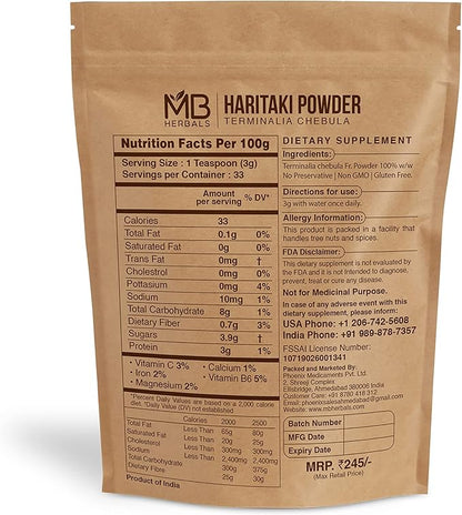 MB Herbals Haritaki Powder 3.5 oz / 100 Gram | Inknut Powder | Terminalia chebula | Harde | Chebulic Myrobalan | No Preservatives