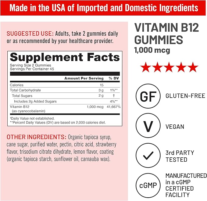 NatureWise Vitamin B12 Gummies for Adults, 1000 mcg - Strawberry Lemon Flavor - Supports Daily Energy, Mental Clarity, Cognitive Function - Vegan, Gluten-Free, Non-GMO - 90 Count[45-Day Supply]