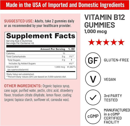NatureWise Vitamin B12 Gummies for Adults, 1000 mcg - Strawberry Lemon Flavor - Supports Daily Energy, Mental Clarity, Cognitive Function - Vegan, Gluten-Free, Non-GMO - 90 Count[45-Day Supply]