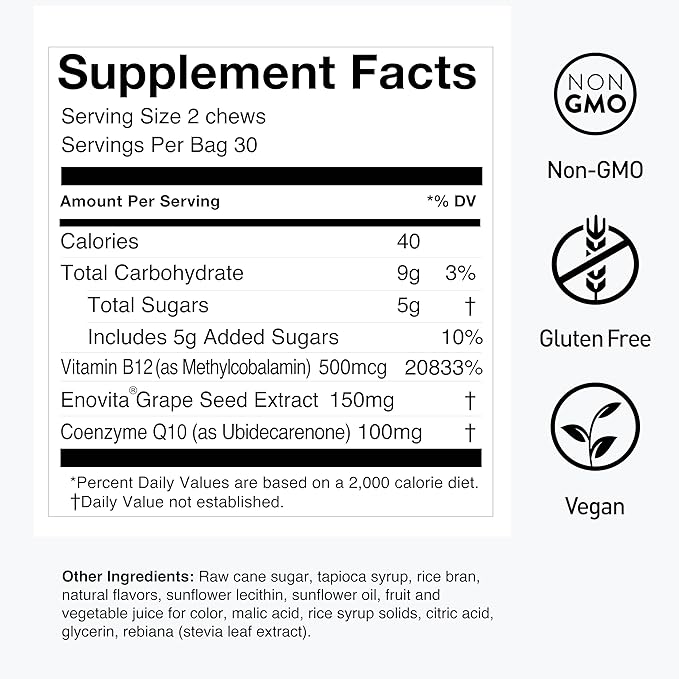 humanN SuperGrapes Chews Supplement – with 100mg CoQ10 and Grape Seed Extract – from The Makers of SuperBeets - Grape Flavor Chew, 60 Count