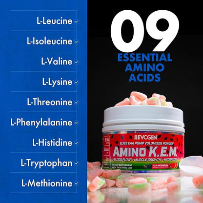 Evogen Amino K.E.M. - EAA & BCAA Powder Pump Volumizer | BCAAs Amino Acids Supplement for Blood Flow, Muscle Growth, & Hydration | Sour Watermelon | 30 Servings