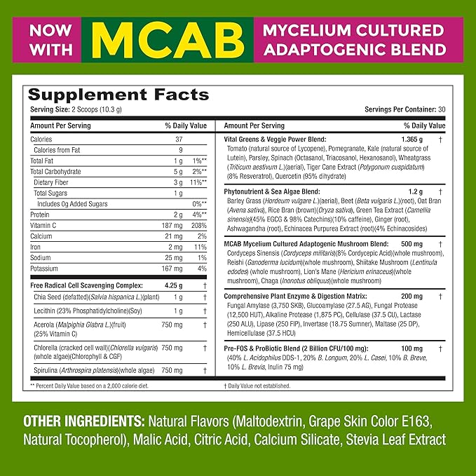 Nutrition’s Green Supreme Fusion Blend Antioxidant: Super Greens Smoothie Mix with Spirulina, Chlorella, Adaptogenic Mushrooms, 30 Servings