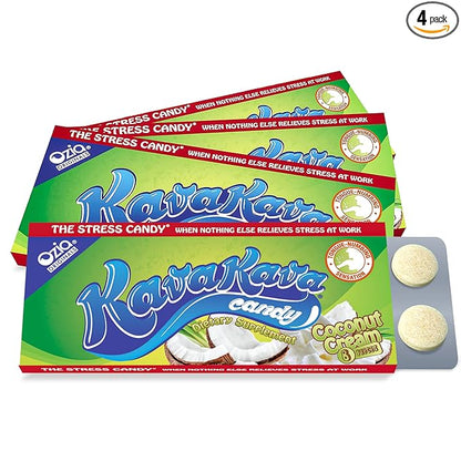 Ozia Originals Kava Kava Candy - 8 Kava Candies Per Pack, Kava Extract Stress Relief Supplement, Natural Kava Root Chill Happy Pill, Encourages Positive Mood - Coconut Cream Flavor, 4 Packs