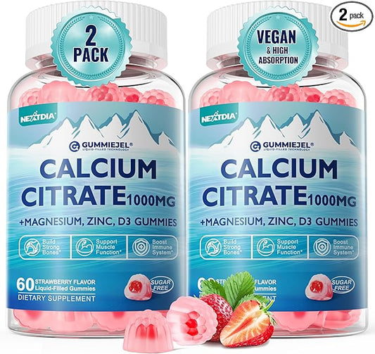 Sugar Free Calcium Citrate Gummies 1000mg with Vitamin D3, Ultimate Absorption Calcium Supplement for Women Men, Plus Magnesium, Potassium, Zinc, B6 for Bones, Muscle & Immune Health, 2Pack