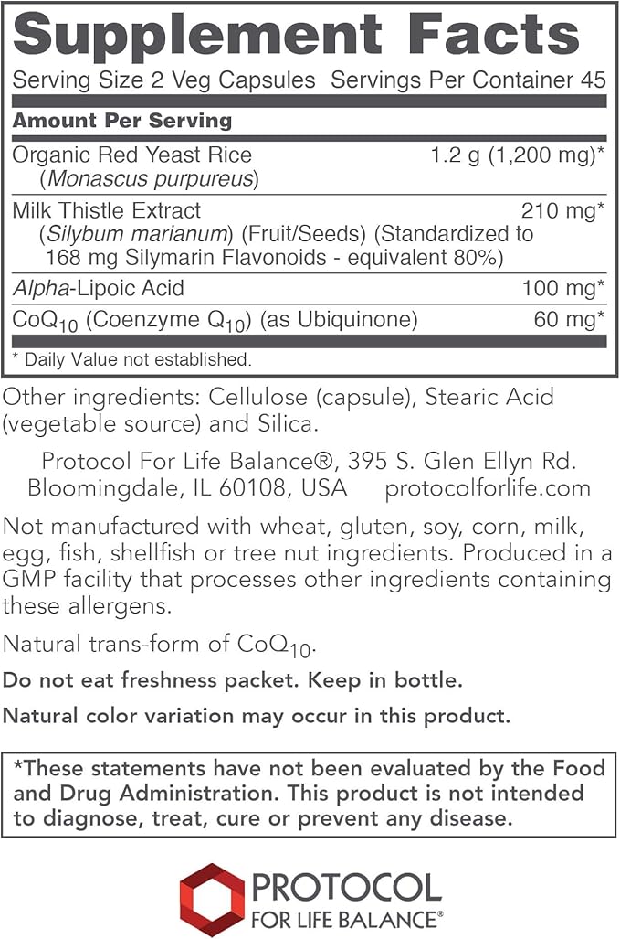 PROTOCOL FOR LIFE BALANCE Red Yeast Rice Plus - Heart Health & Liver Support - with Coenzyme Q10, Alpha Lipoic Acid & Milk Thistle Extract - Non-GMO & Soy Free - 90 Veg Caps