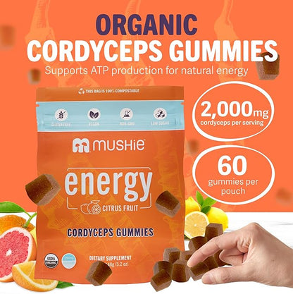 Mushie 100% Organic Cordyceps Mushroom Gummies - 2000mg Cordyceps Militaris Nootropic for Energy & Immune Support with Vitamin D - Vegan, Gluten-Free - 60 Count