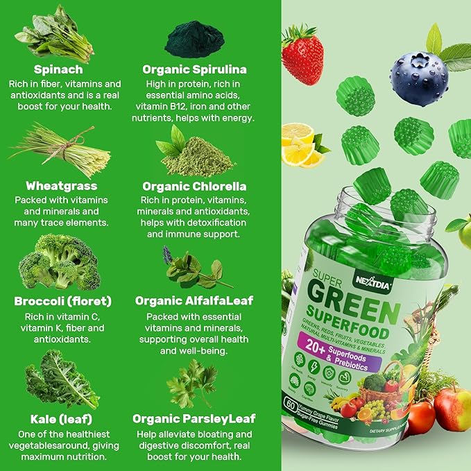 Super Greens Gummies, Greens Superfood Powder Alternative w/Spirulina, Chlorella, Prebiotic Fiber, Probiotic, Fruit Veggie, Daily Greens Vegetable for Digestive & Gut Health, Immunity, Focus, 60 Cts