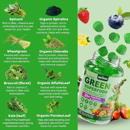 Super Greens Gummies, Greens Superfood Powder Alternative w/Spirulina, Chlorella, Prebiotic Fiber, Probiotic, Fruit Veggie, Daily Greens Vegetable for Digestive & Gut Health, Immunity, Focus, 60 Cts