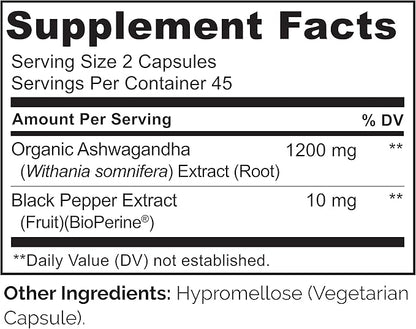 NATURELO Ashwagandha Organic Root Powder - Natural Herbs Supplement for Fatigue, Stress Relief, Mood Enhancer - with Black Pepper Extract - 90 Vegan Capsules