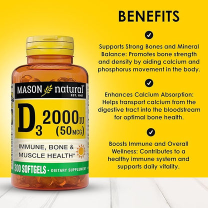 MASON NATURAL Vitamin D3 2,000 IU Ultra Strength, Supports Bone Density, Strength & Immune Health, 60 Softgels, Pack of 3