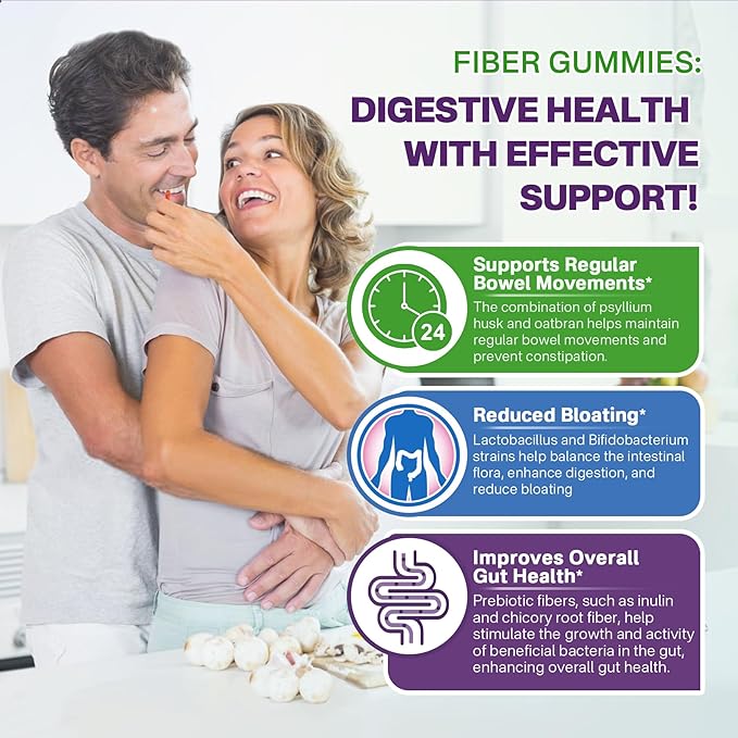 Probiotics Fiber Gummies for Adults Sugar Free + Psyllium Husk Fiber Supplement (Soluble + Insoluble) /w Vitamin B12 1000 mcg Vitamin D3 5000 iu for Metabolism - 60 Count (Pack of 2)