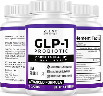 ZELSO (2 Pack) GLP-1 Probiotic with Akkermansia Muciniphila - Gut Health Support with GLP 1 Live Probiotics, 500M CFU Multi-Strain Probiotic + Prebiotic, GLP1 Naturally Plus - 60 Capsules