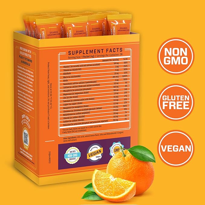KEY NUTRIENTS Multivitamin Electrolytes Powder Packets - Tangy Orange Post Workout and Recovery 20 Pack Hydration Packets - Travel Hydration Powder - No Sugar, No Calories