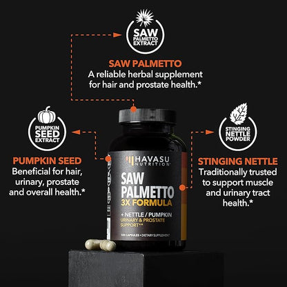 Saw Palmetto Supplement with Stinging Nettle and Pumpkin Seed Extract - Advanced 3X Formula - DHT Blocker Urinary Health and Prostate Support for Mens Health - Vegan, Non-GMO Capsules - 2 Month Supply