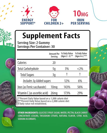SUNNY SAM Iron Gummies for Kids & Teens - 10mg Iron Vitamins with Vitamin C - Low-Sugar Chewable Gummy Supplement for Immune Support, Supports Red Blood Cell Production for Children & Teen Girls