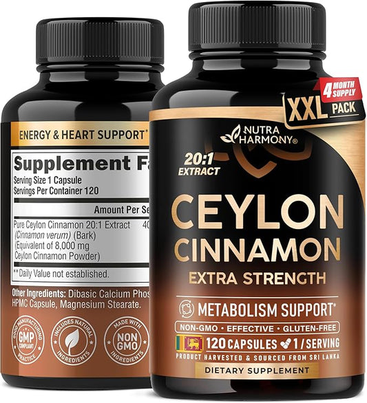 Ceylon Cinnamon Capsules - Extra Strength - Energy, Heart & Metabolism Support - for Men & Women - Pure Natural Extract 20:1 Supplement - Made in USA - GMO & Gluten Free, 120 Capsules, 4 Month Supply