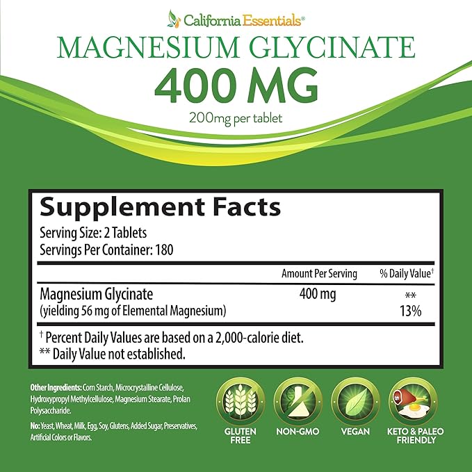California Essentials Magnesium Glycinate 400 - Chelated, High Absorption Elemental Magnesium for Muscle Relief, Bone & Heart Support -Vegan, Non-GMO, Gluten-Free (360 Counts (Pack of 1))