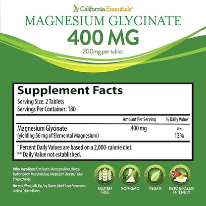 California Essentials Magnesium Glycinate 400 - Chelated, High Absorption Elemental Magnesium for Muscle Relief, Bone & Heart Support -Vegan, Non-GMO, Gluten-Free (360 Counts (Pack of 1))