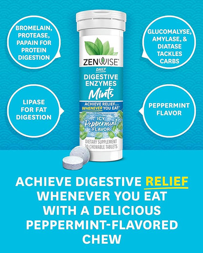 Zenwise Health Papaya Enzymes Chewable, Digestive Enzymes for Women and Men, Bromelain for Digestive Health & Bloating Relief, Enzymes for Digestion and Gut Health, Peppermint Flavor - 30 CT