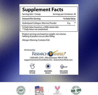 Research Verified® Collagen Powder - Hydrolyzed Marine Collagen - Unflavored - Skin Hydration and Elasticity, Muscle Recovery, Non GMO - 30 Scoops Per Container - 6 Month Supply