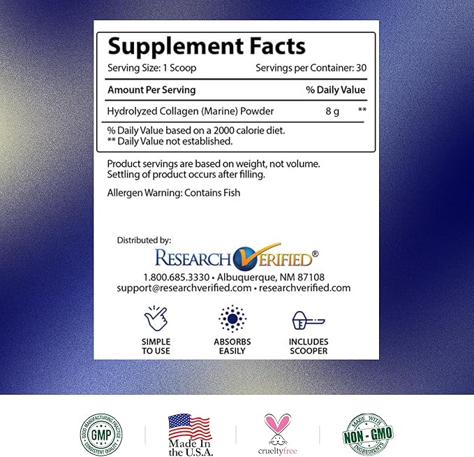 Research Verified® Collagen Powder - Hydrolyzed Marine Collagen - Unflavored - Skin Hydration and Elasticity, Muscle Recovery, Non GMO - 30 Scoops Per Container - 3 Month Supply