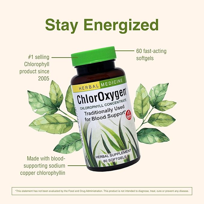 Herbs Etc. ChlorOxygen Chlorophyll Concentrate - Aids Healthy Blood Circulation - High-Altitude Environment Support - Energy Support - 60 Softgels (60 Servings)