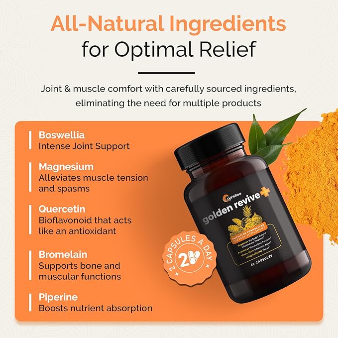 Golden Revive + Joint Support Supplement Featuring Turmeric with Black Pepper, Quercetin, and Magnesium- Turmeric Black Pepper Supplement - 6 Active Ingredients - 60 Capsules, 3 Pack