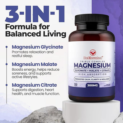 Triple Complex Magnesium Supplement – Fast-Acting Magnesium Complex Supplement with Glycinate, Citrate & Malate for Relaxation, Sleep & Well-Being – Natural, Vegan, Non-GMO Capsules (300mg)