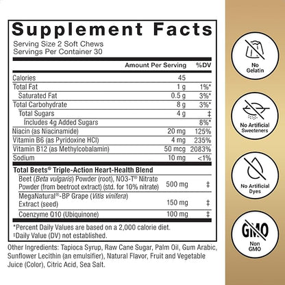 FORCE FACTOR Total Beets Ultimate Heart Health Blood Pressure Support Chews with CoQ10, Beet Root Powder, Grape Seed Extract, Blood Pressure Supplement for Circulation & Blood Flow, 60 Soft Chews