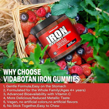 Sugar Free Iron Gummies for Women Men & Kids-Iron Supplement 20mg with Vitamin C for Iron Deficiency, No Rust Taste, Gentle Iron for Stomach, Mixed Berries Flavor, 90 Vegan Gummies.