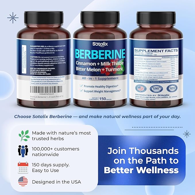 Premium Berberine Supplement with Ceylon Cinnamon, Bitter Melon, Milk Thistle - 150 Day Supply (150 Count (Pack of 1))
