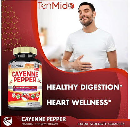 Cayenne Pepper Supplements Extract Capsules, 4 Months Supply with Ginger, Turmeric Curcumin, Tulsi, Black Pepper - Supports Immune System, Promotes Digestive System Function - 120 Vegan Capsules